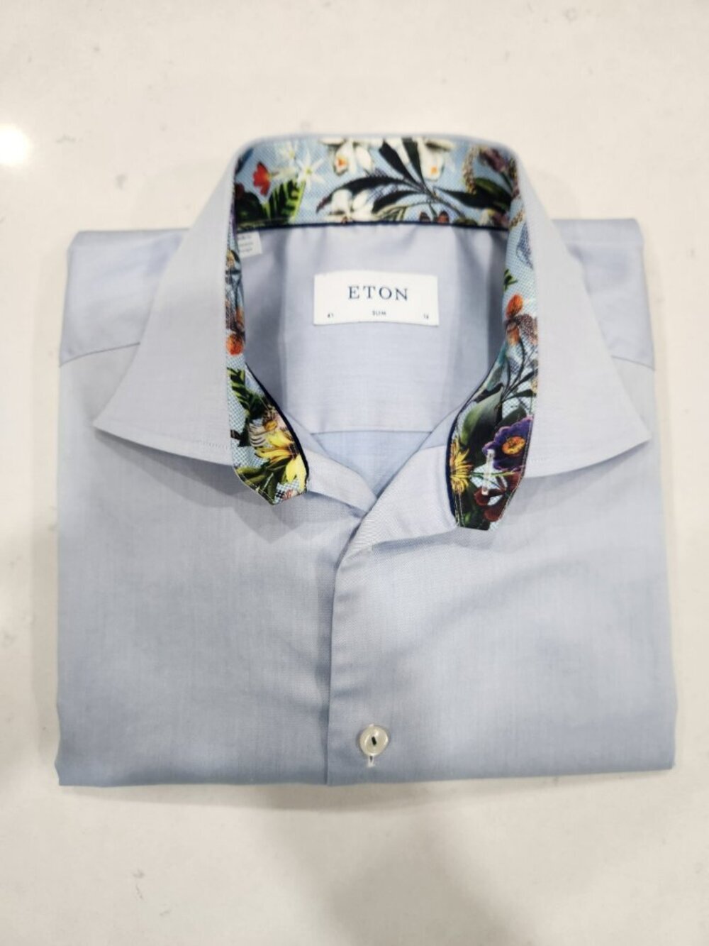 Eton Dress Shirt Mens 16 Blue Oxford Cloth Button Up Flip Cuff Slim Fit
